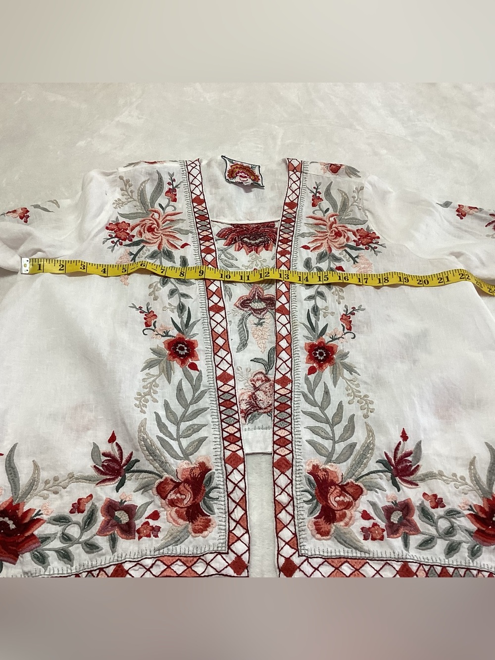 Johnny Was 100% Linen Floral Embroidered Kimono Cardigan S Boho Hi-Low waterfall - Picture 7 of 9